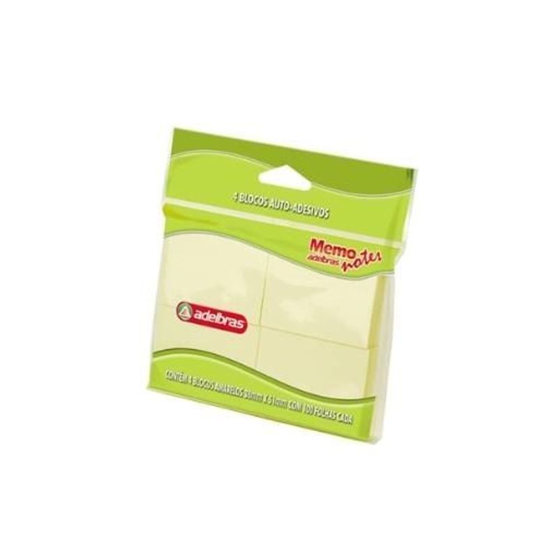 Bloco Auto Adesivo 38x51mm Amarelo com 4 unidades com 100 folhas - Adelbras
