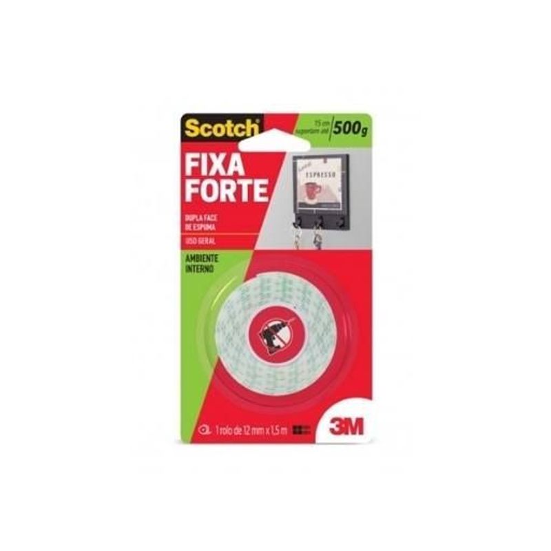 Fita Dupla Face 3M Scotch Fixa Forte Espuma 12mm x 1,5m