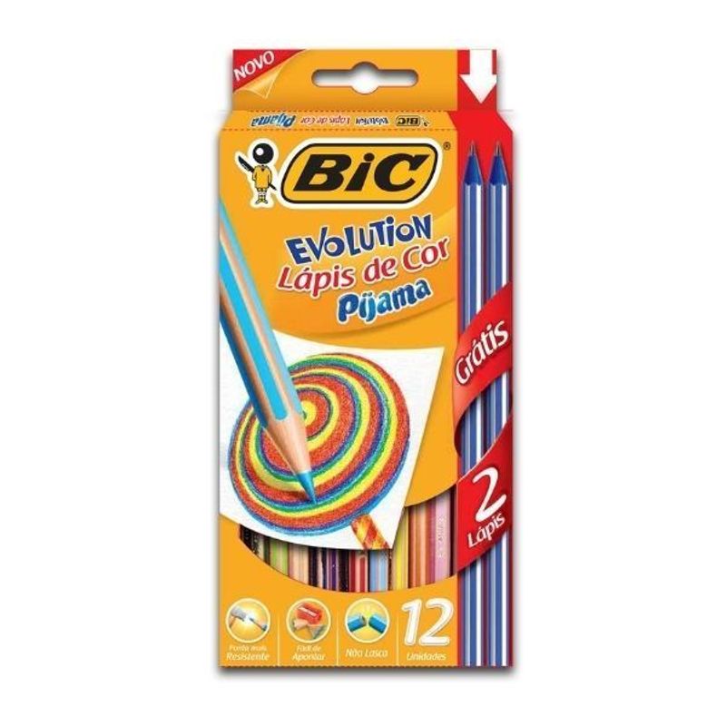 Lápis de Cor Pijama Bic - Caixa com 12 Cores + 2 Lápis Pretos Grátis