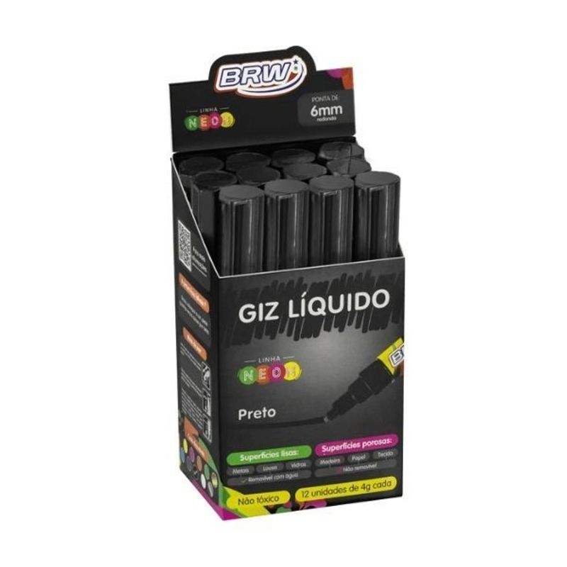 Giz Líquido BRW 6mm Preto GZ618 com 12 Unidades